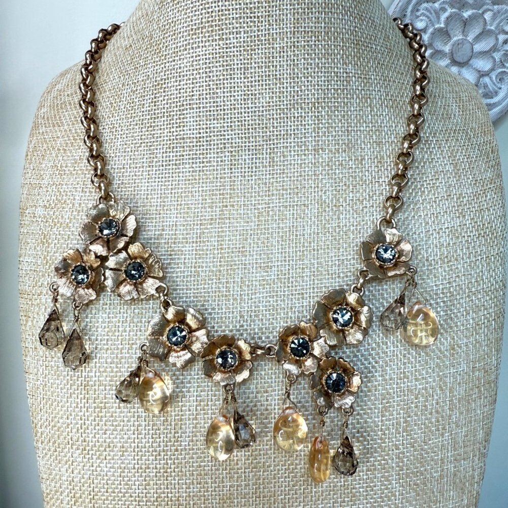 J.Crew Crystal Midnight Floral Statement Necklace Gold-Tone With Gemstone Drops‎